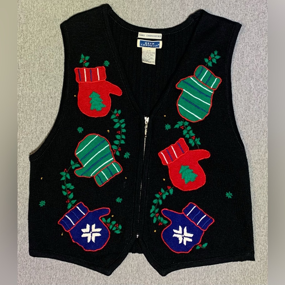 Vintage Christmas Zip Vest-Hand Embroidered Mittens Size Large